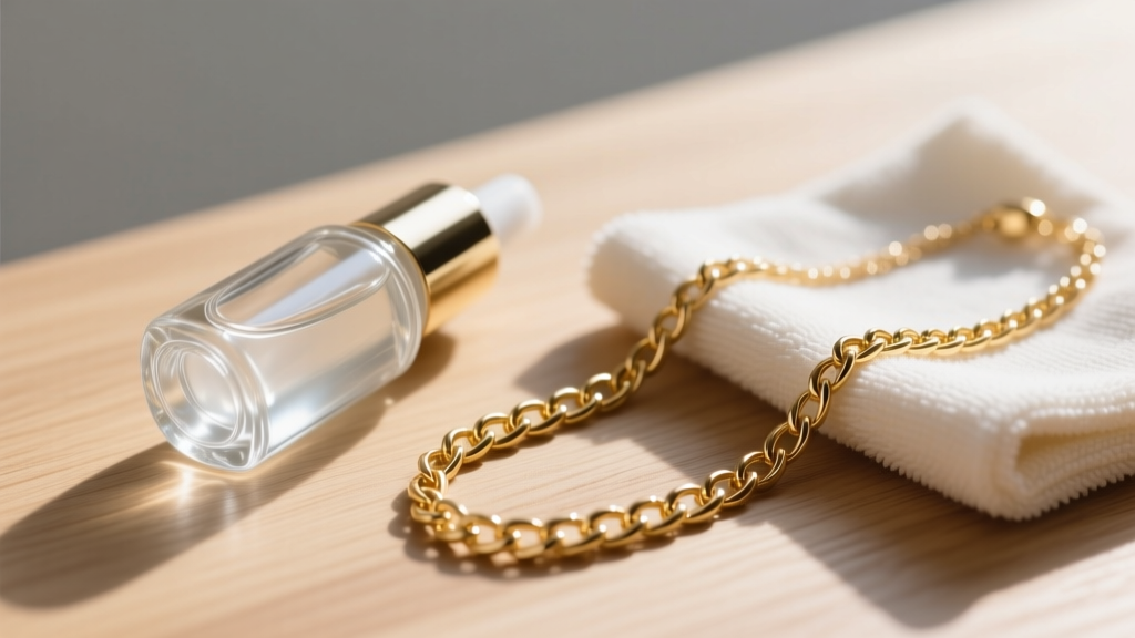 Small glass bottle of clear jewelry sealant and microfiber cloth next to a polished gold-plated chain necklace on light oak wood.