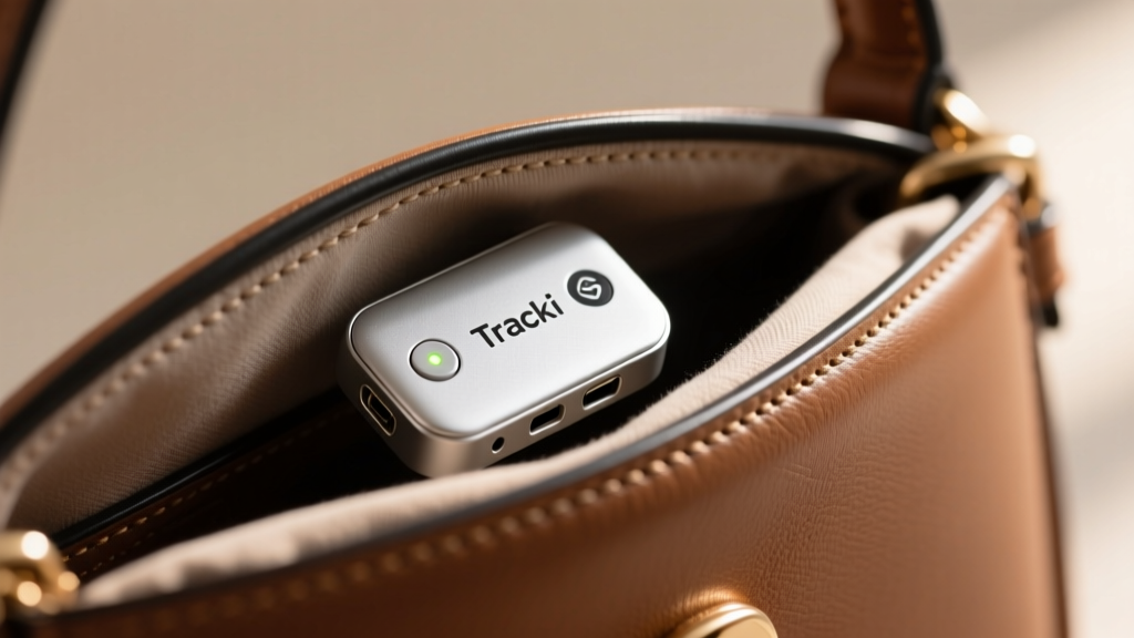 Close-up of a Tracki Mini GPS tracker hidden inside the lining of a women's leather crossbody bag with zipper partially open
