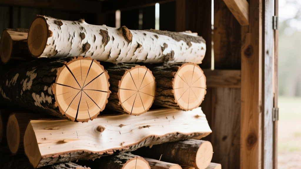 Split seasoned white oak and hickory logs stacked in a woodshed, showing distinct bark textures and radial end-grain cracks from proper drying