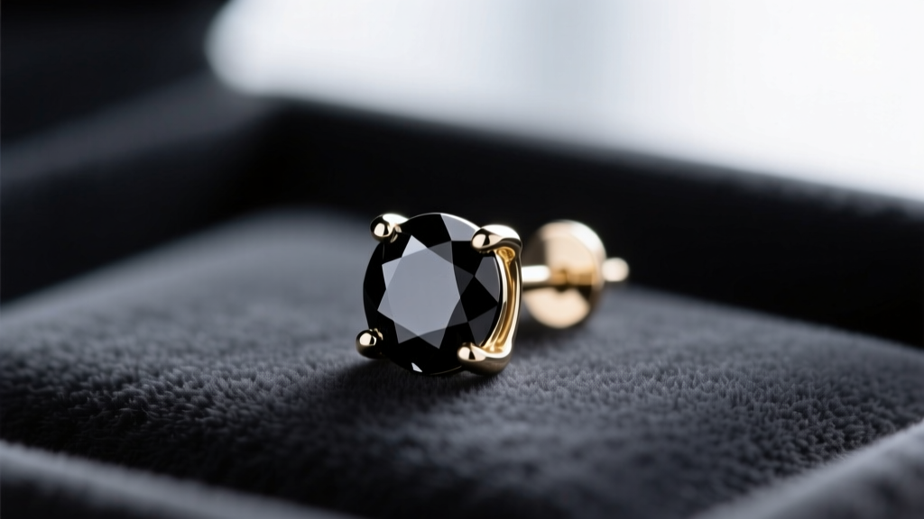 Macro shot of a white gold black stud earring with a round black diamond in a prong setting, resting on dark charcoal velvet.