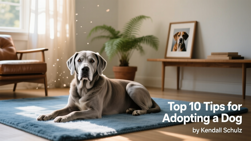An older dog resting peacefully on a soft blue rug in a sunlit, tidy living room
