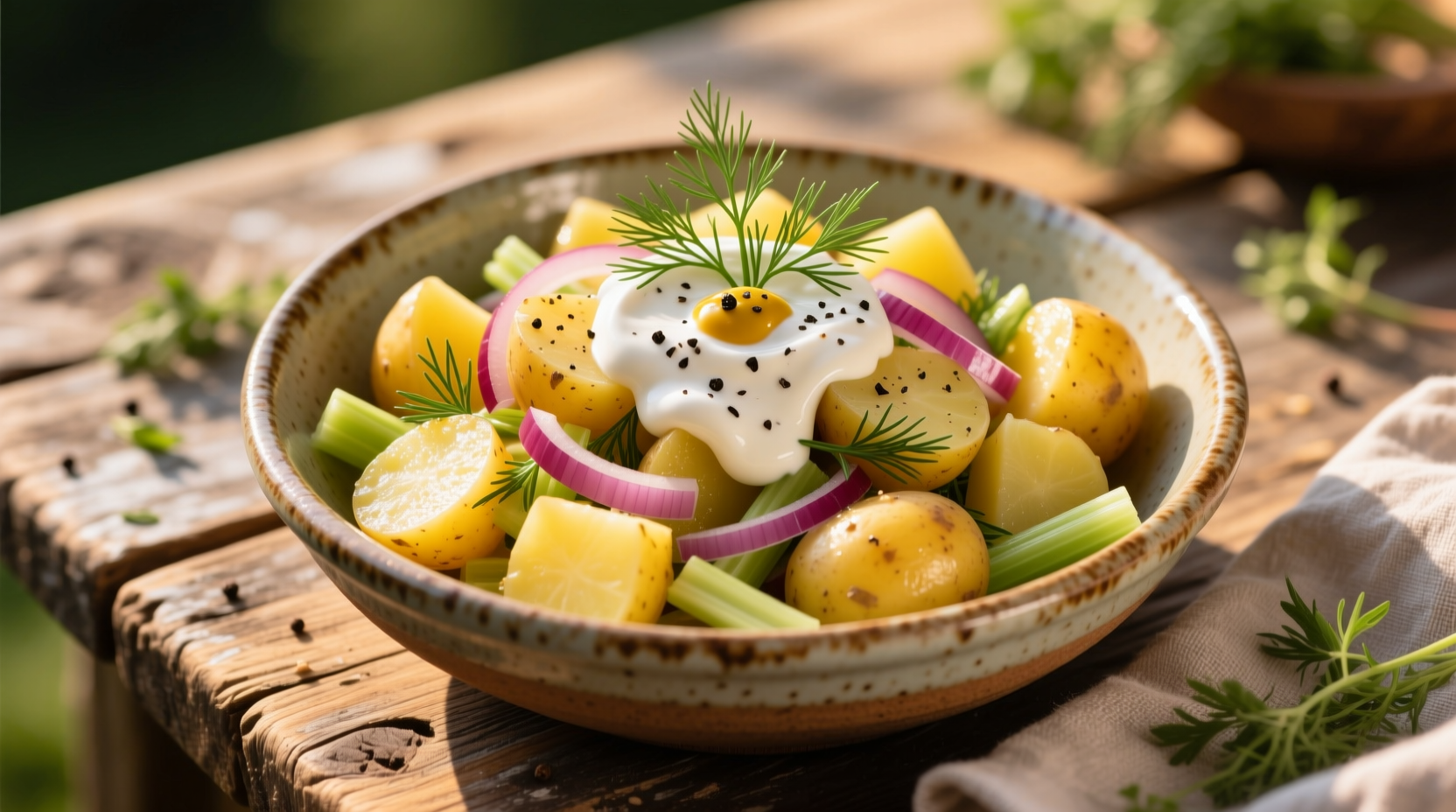 Traditional Austrian potato salad in ceramic bowl