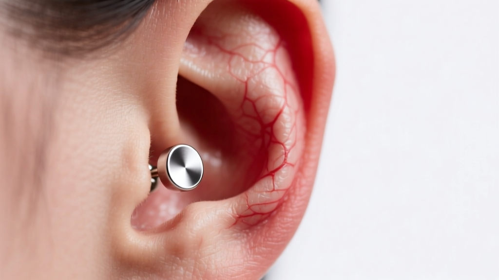 Close-up of a red, swollen earlobe with a titanium stud earring under soft clinical lighting and a clean background.