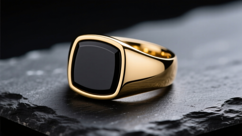 Macro shot of an 18k gold signet ring with a black ruthenium plated face, resting on dark slate under dramatic studio lighting