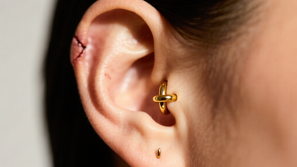 Profile of a healed ear wearing a 16g gold captive bead ring in the daith, warm light illuminating the inner ear cartilage fold.