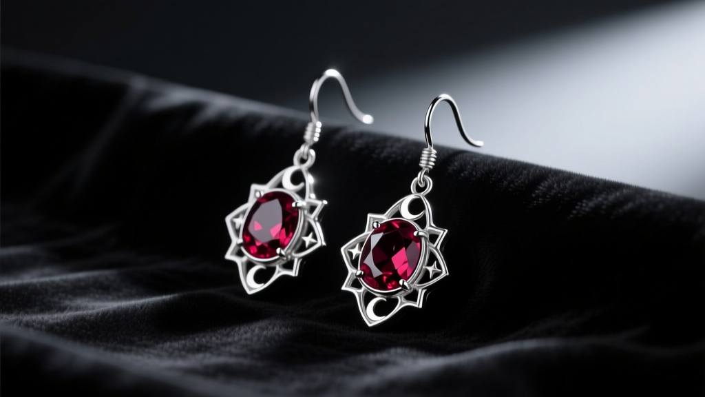 Silver gothic drop earrings with dark ruby cabochons and moon motifs resting on black velvet under moody, dramatic studio lighting