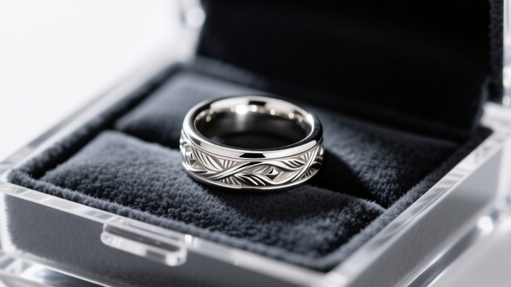 Macro shot of a restored Argentium silver ring resting on a dark charcoal anti-tarnish flannel cloth inside a sealed acrylic box