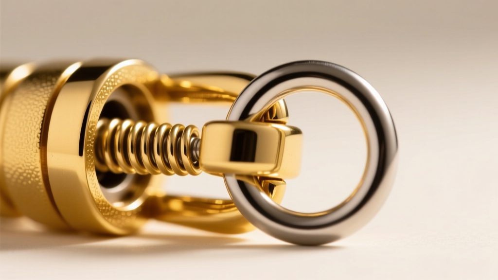 Close-up of a 14k yellow gold lobster clasp engaging with a jump ring, showing internal spring tension mechanism and metal gauge.