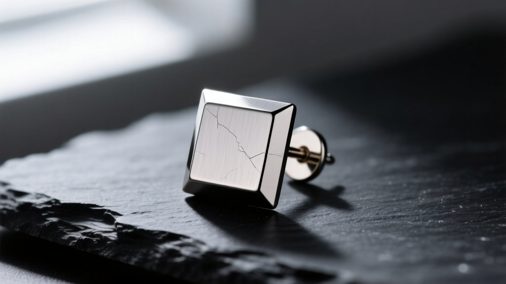 Macro shot of a square titanium stud earring with beveled edges on dark slate, side-lit to highlight the brushed metal finish