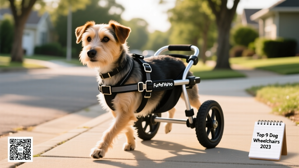 Close-up of a medium-sized terrier mix walking smoothly on pavement using the FurPetVo Mobility Pro, with visible wheel suspension and harness adjustment points