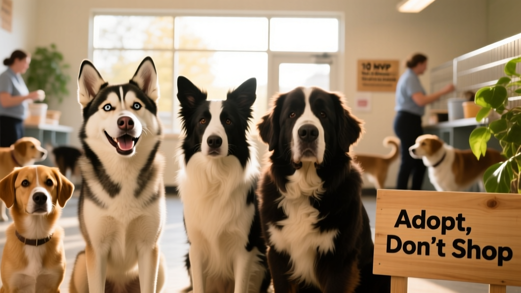 A diverse group of adoptable dogs—a smiling Husky mix, a focused Border Collie, and a relaxed but alert Newfoundland—posing together at a sunny animal shelter adoption event