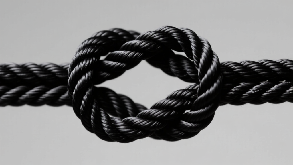 Macro shot of black nylon cords forming a sliding square knot, tight weave texture, bright studio lighting, gray background.