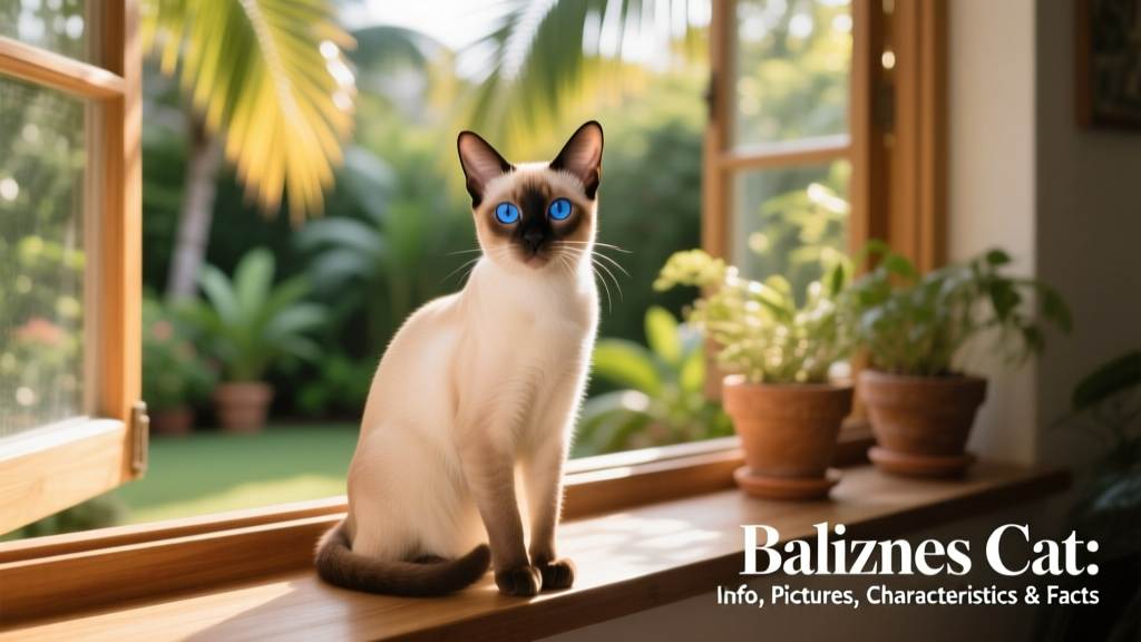 A sleek, cream-colored Balinese cat with deep blue eyes sitting gracefully on a sunlit windowsill