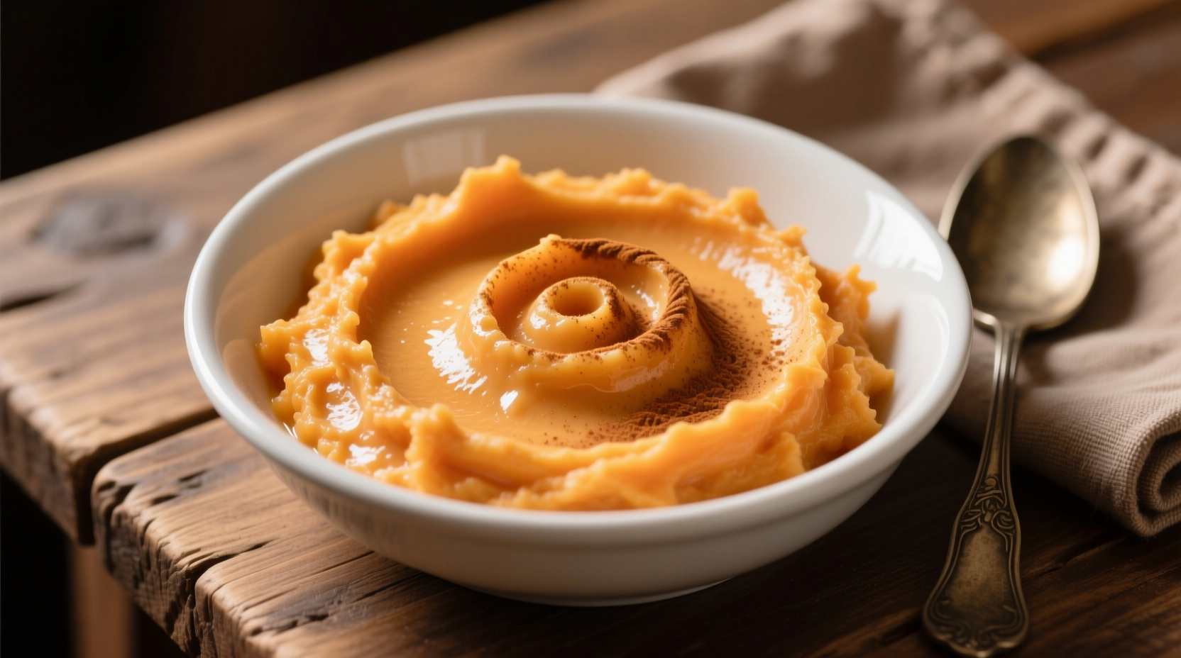 Creamy mashed sweet potatoes in white bowl