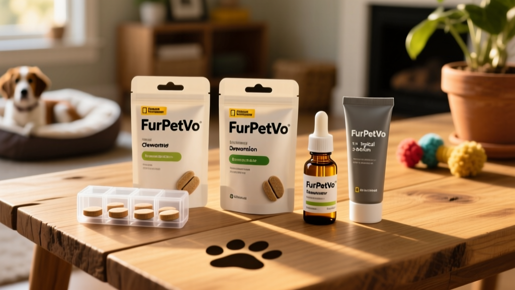 Side-by-side comparison of dewormer packaging: chewable tablets, liquid suspension, and topical solution, all labeled 'FurPetVo'