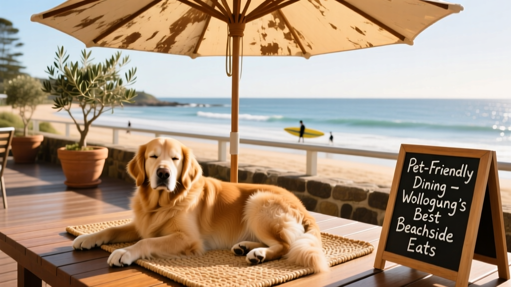 A golden retriever resting comfortably under an umbrella at a seaside restaurant terrace in Wollongong