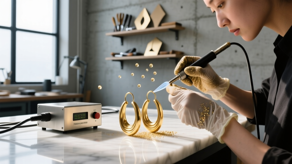 Jeweler applying clear electrophoretic e-coating to raw brass huggie earrings using a specialized plating rectifier in a workshop.