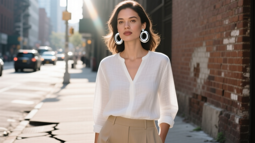 Woman wearing 8mm silver donut earrings in a street portrait, natural sunlight illuminating the highly reflective metal surfaces.