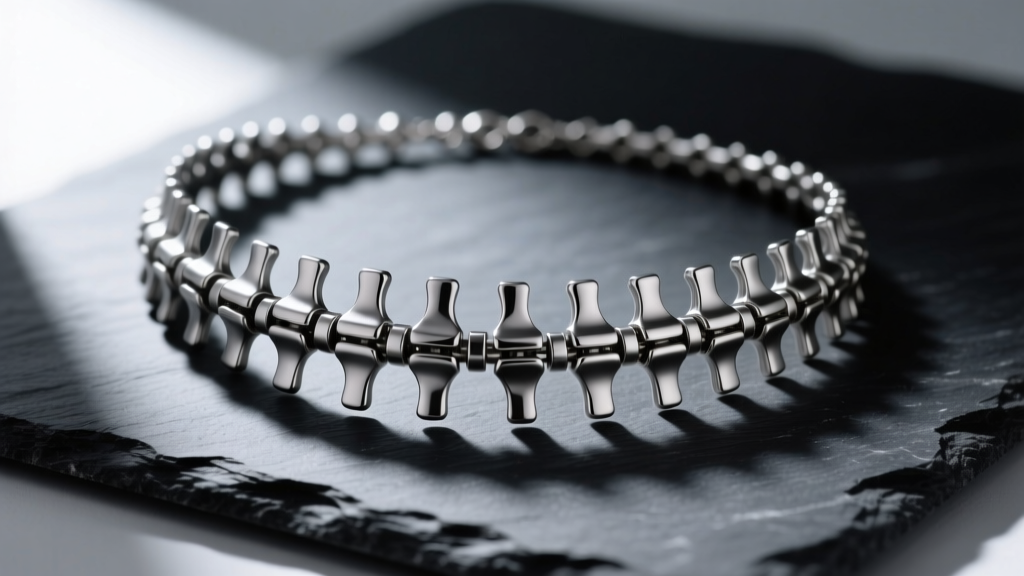 Close-up of an articulated titanium spine necklace on dark slate, highlighting interlocking vertebrae joints and a matte metal finish.