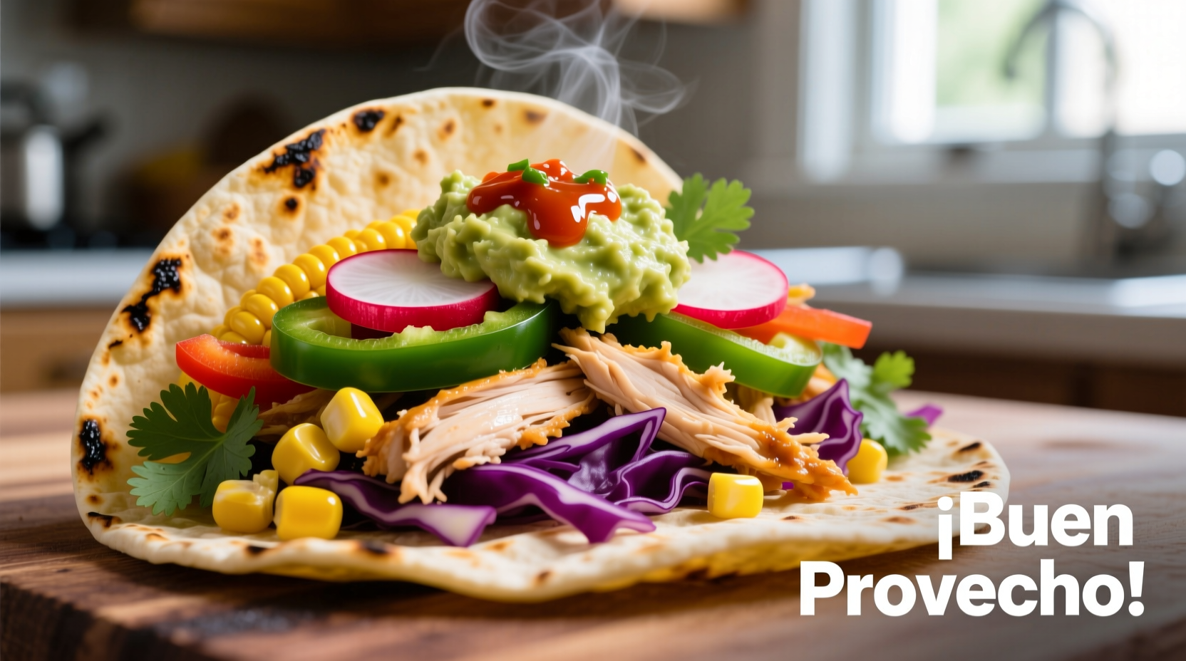 Shredded chicken in colorful taco filling