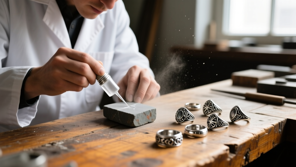 Jeweler applying silver testing acid to a scratch stone beside several vintage 925 sterling rings on a rustic wooden workbench.