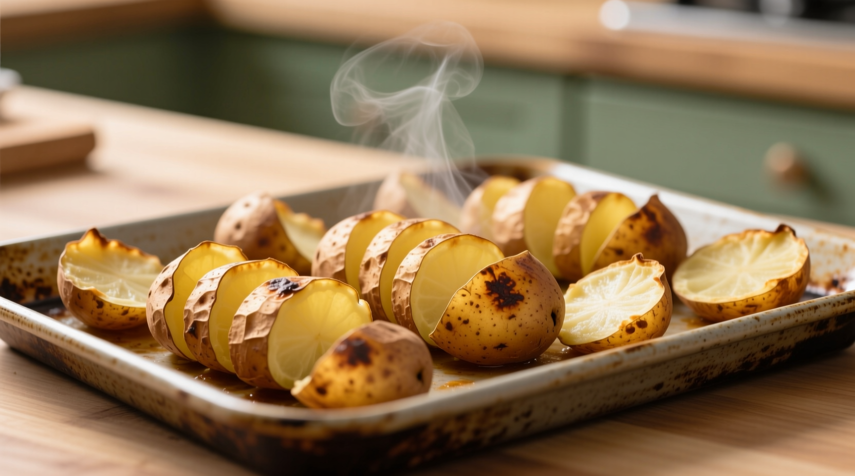 Golden brown potato skins arranged on baking sheet