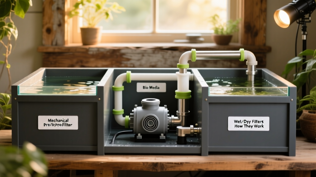 Photograph of a neatly organized aquarium sump with labeled chambers: mechanical pre-filter, bio-media section, and return pump compartment