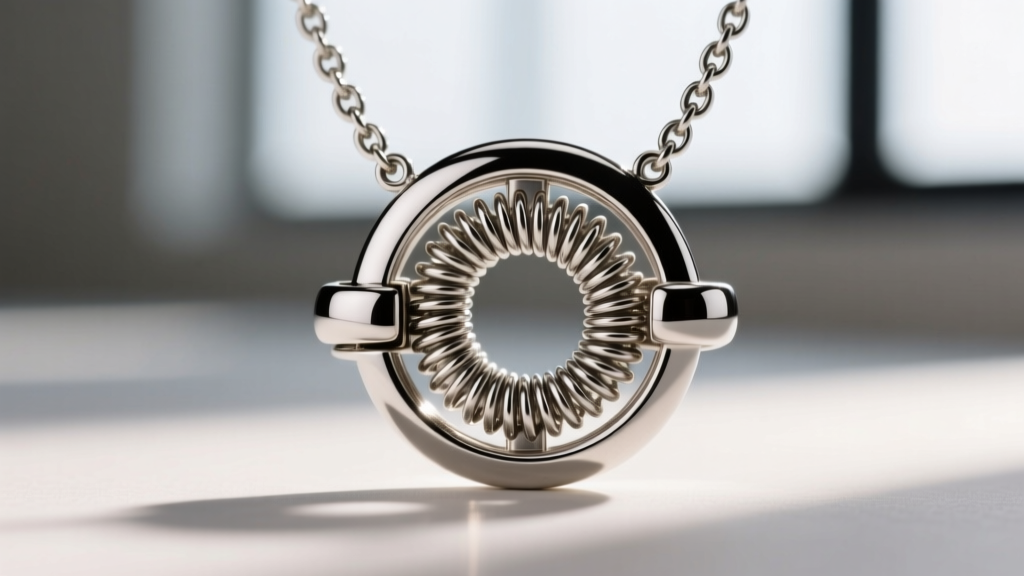 Macro view of a cobalt-chrome necklace clasp revealing the internal spring mechanism and high-tensile structural alloy core.