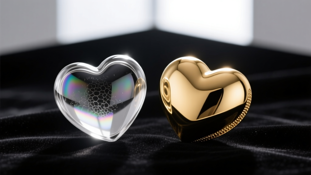 Macro view of a hollow silver bubble heart beside a solid 18k gold bubble heart, showing texture contrasts on dark velvet.