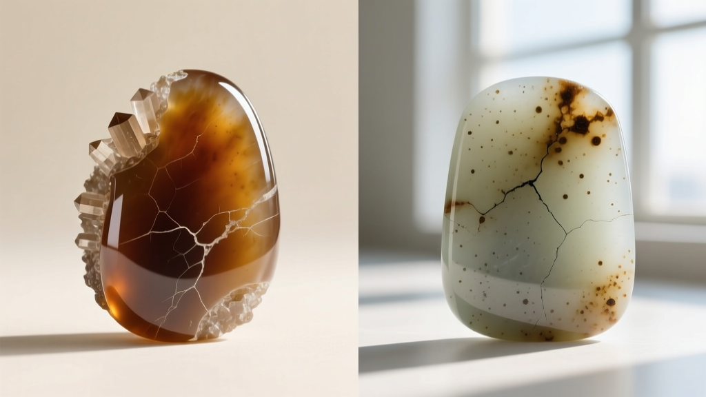 Macro comparison of untreated Type A brown jade and polymer-impregnated Type B jade showing surface pitting and dull luster.