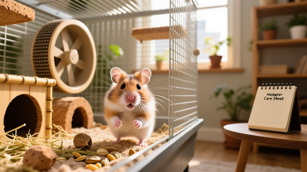 A happy Syrian hamster exploring a spacious, well-furnished cage with bedding, a wheel, and hideouts