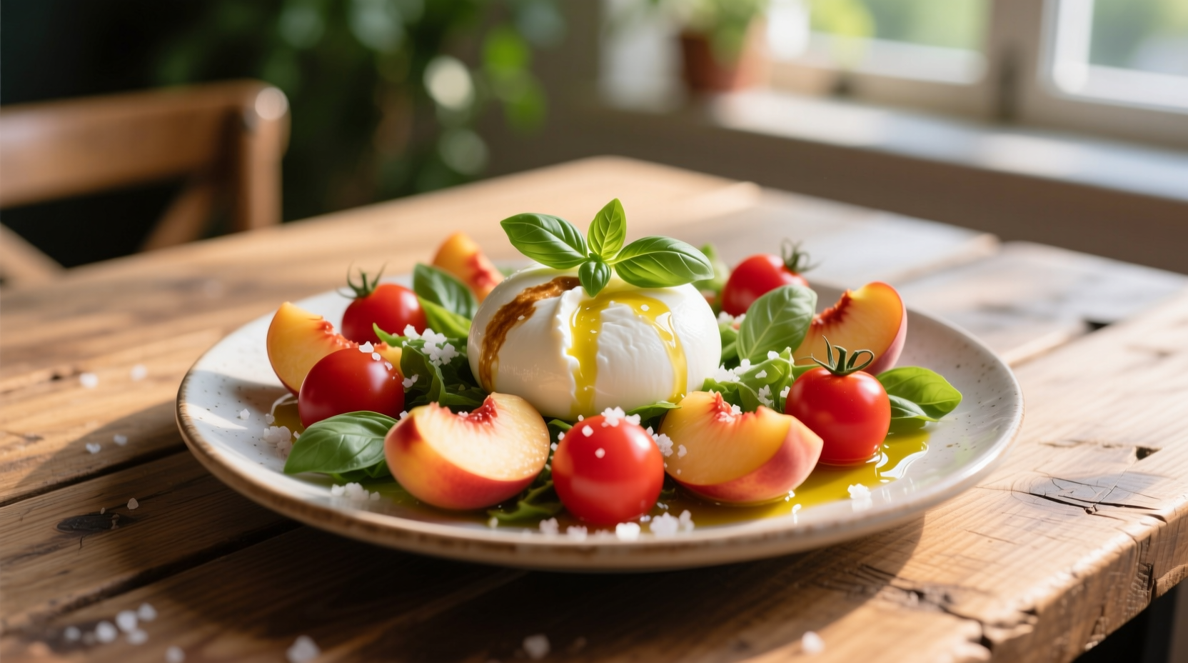 Fresh peach tomato burrata salad on wooden table