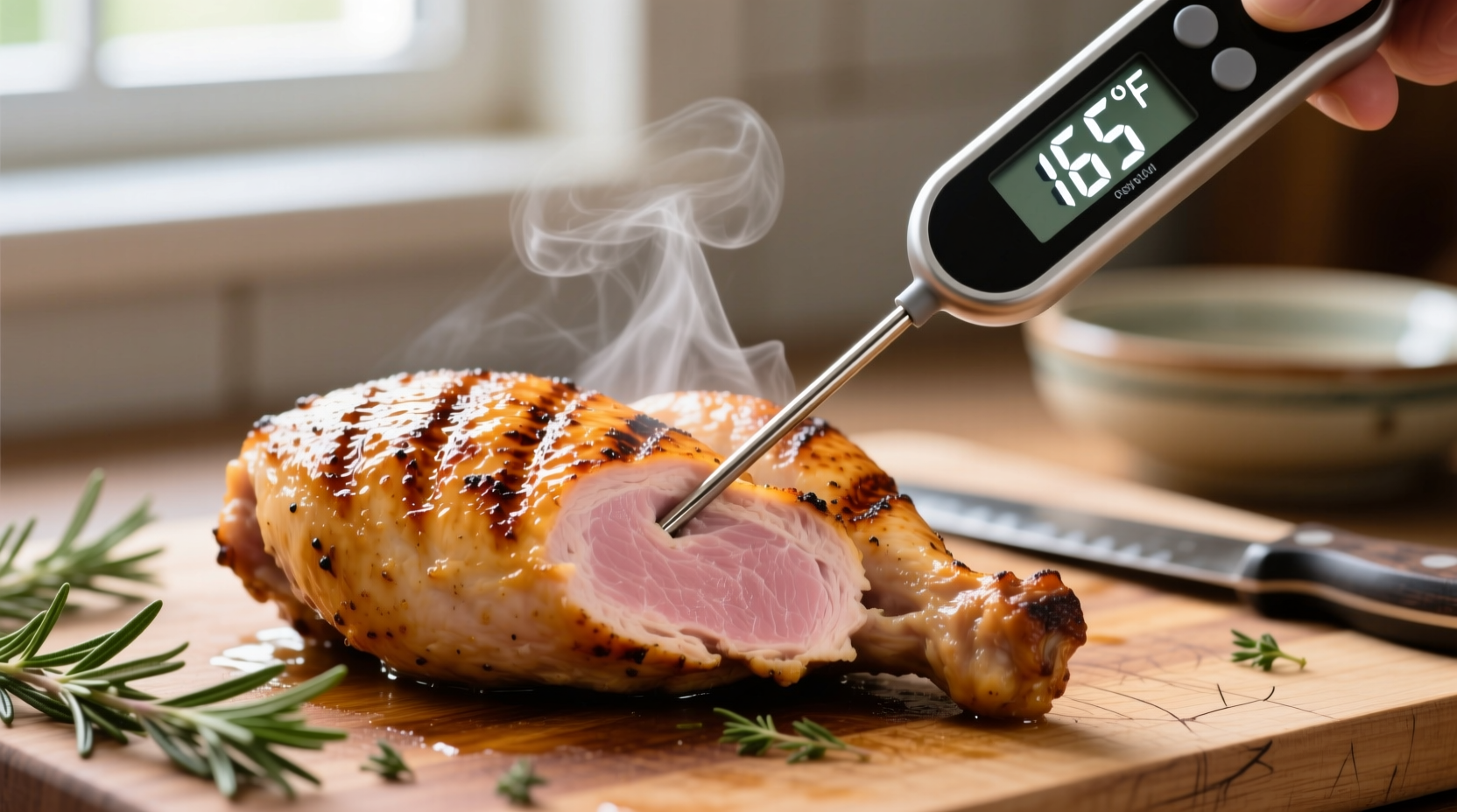 Food thermometer checking cooked chicken temperature