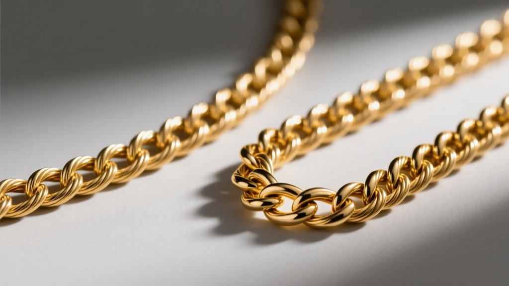 Macro shot of 14k gold-filled and solid 14k gold cable chains side-by-side showing color differences under warm studio lighting.