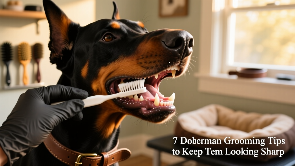 Close-up of a Doberman’s mouth with a finger brush gently cleaning teeth
