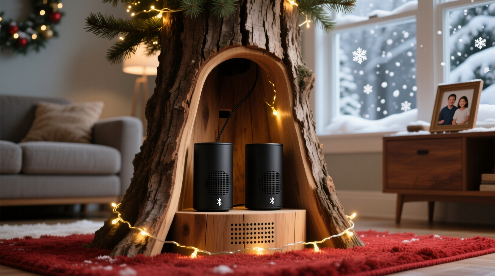 how to add bluetooth speakers inside a hollow christmas tree trunk discreetly