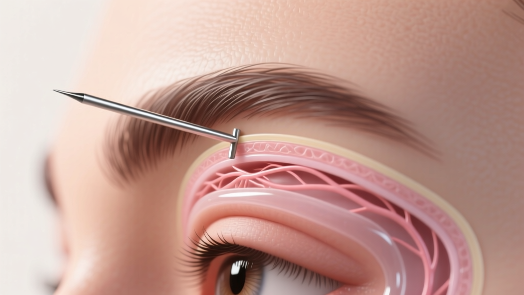 Medical diagram of a 5mm rise surface bar piercing the shallow epidermal layer of the human eyebrow ridge at a precise safe angle.