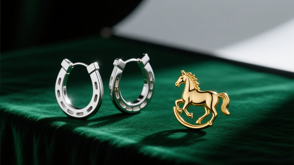 Silver horseshoe huggie and gold stirrup horse earring on dark green velvet, moody studio lighting, high-end editorial style.