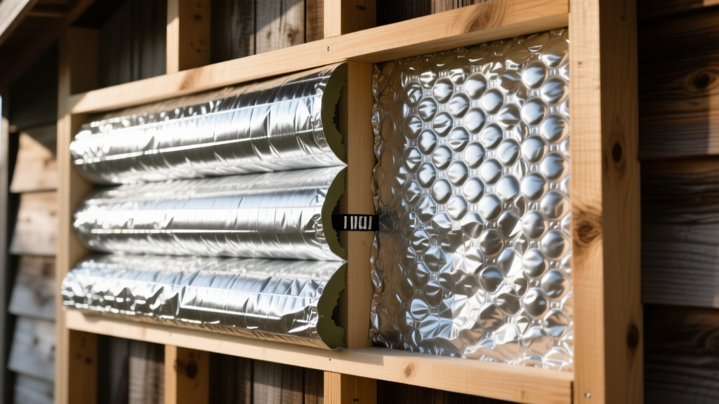 Cross-section of silver reflective Insul Bright material layered next to bubble-foil Reflectix insulation on a wooden shed wall frame