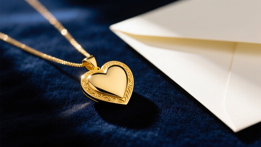 A 14k yellow gold heart pendant resting on dark velvet, illuminated by soft morning light next to a greeting card