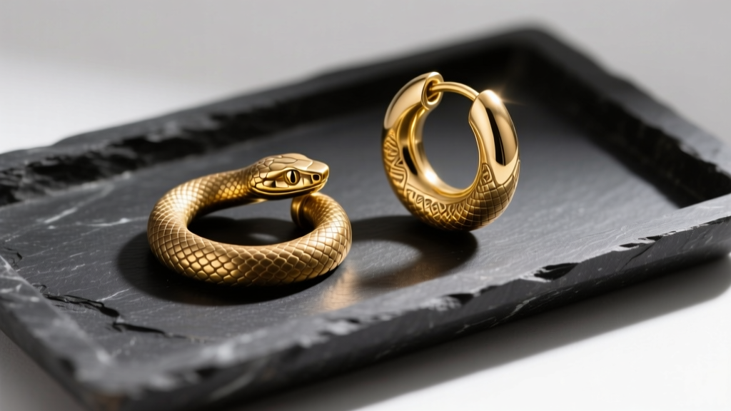 Tarnished brass snake huggie beside a pristine 14k gold huggie on a dark slate display tray under bright studio lighting