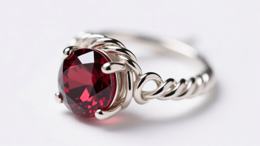 Macro shot of a 22-gauge sterling silver wire-wrapped loop securing a 6mm round pyrope garnet bead earring on a white background