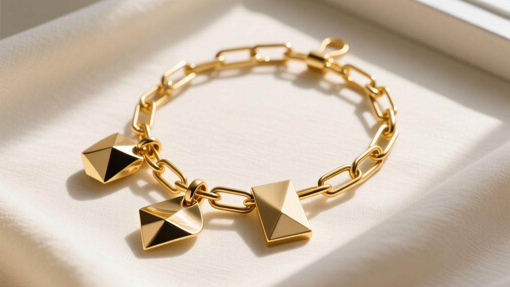 Editorial flat lay of a 14k yellow gold paperclip chain featuring three abstract, hammered-texture modular necklace charms.
