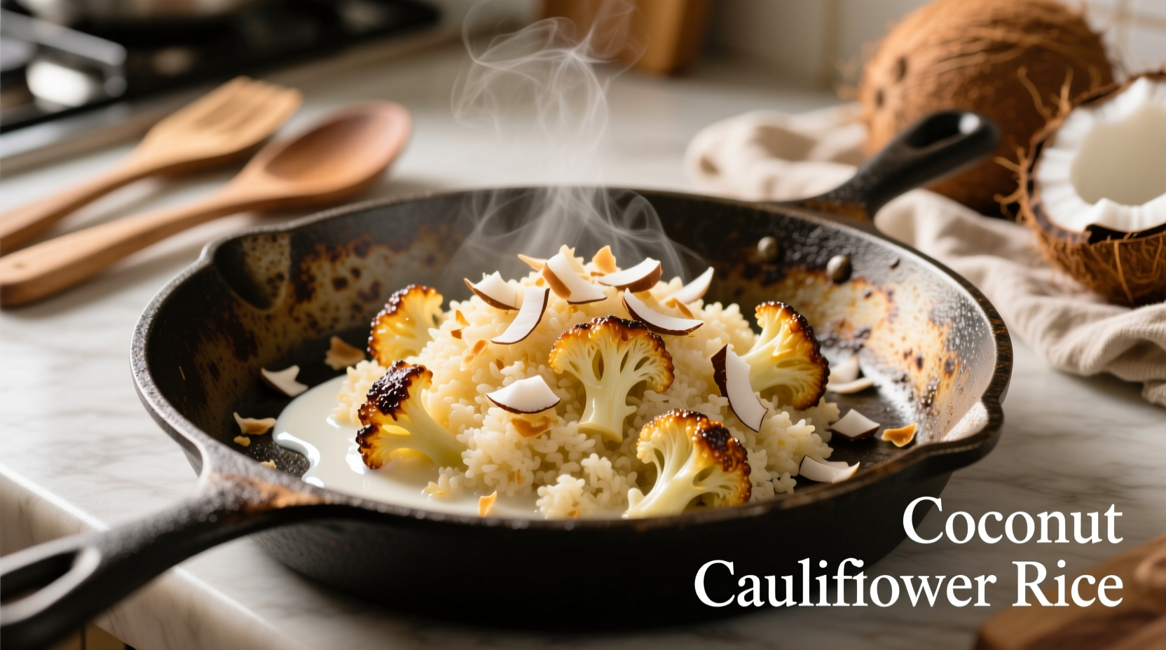 Fresh coconut cauliflower rice in cast iron skillet