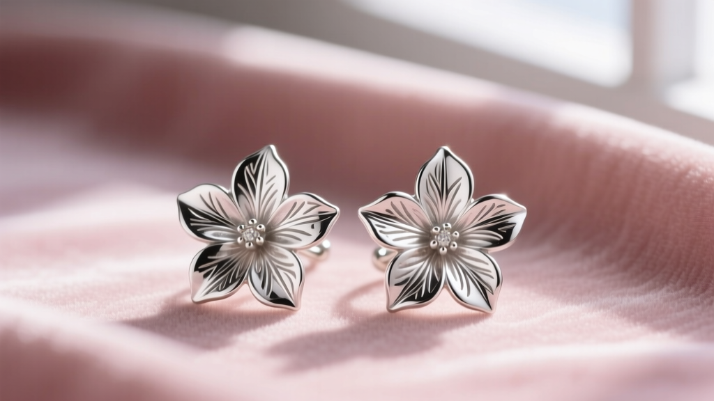 Close-up of sterling silver flower petal earrings with deep oxidized veining details against a soft blush velvet background