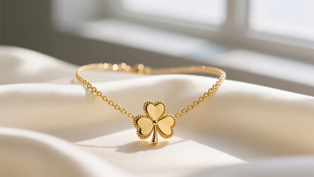 Close-up of a delicate 14k yellow gold 3 leaf clover necklace resting on silk fabric, highlighting the intricate milgrain edges.