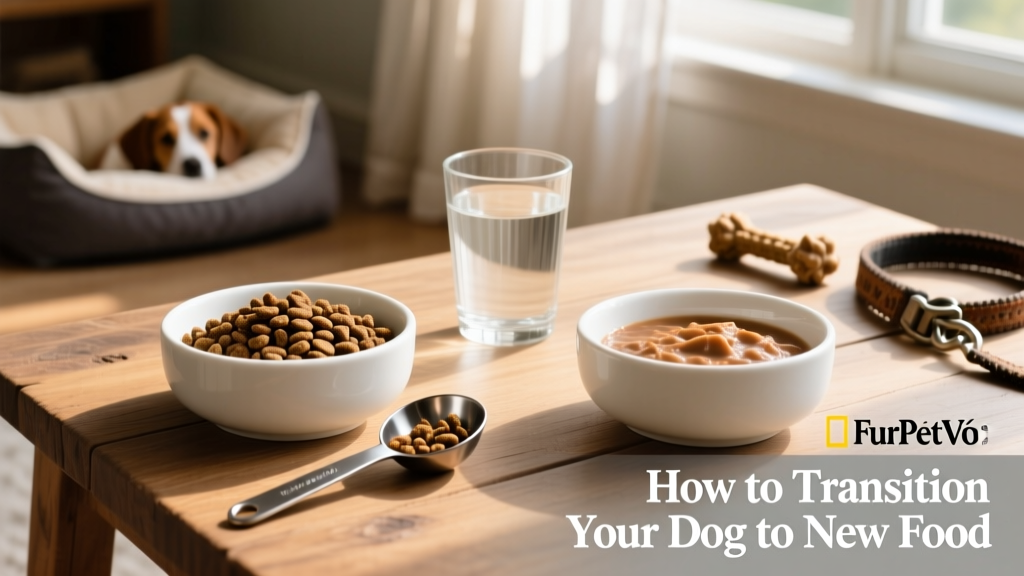 Side-by-side comparison of FurPetVo kibble and wet food in clean bowls, with a measuring scoop and fresh water nearby