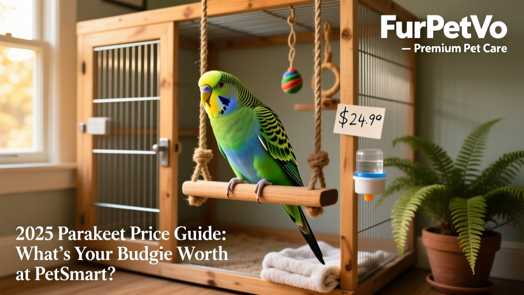 A cheerful, colorful parakeet perched on a wooden swing inside a well-equipped cage at FurPetVo
