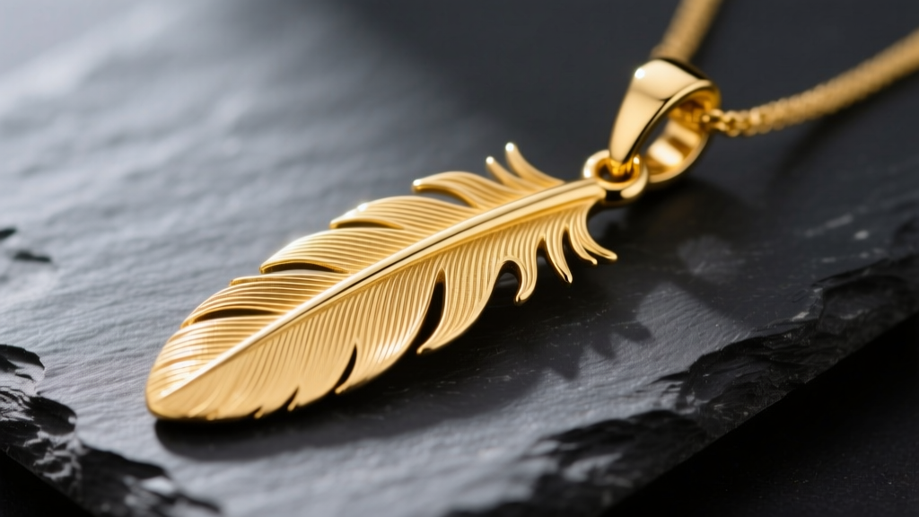 Close-up of a 14k yellow gold necklace feather pendant on dark slate, highlighting intricate engraved barbs and a polished bail.