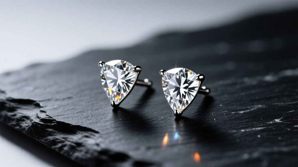 Pair of 1-carat natural diamond martini stud earrings on dark slate, illuminated by soft studio lighting, macro jewelry photography
